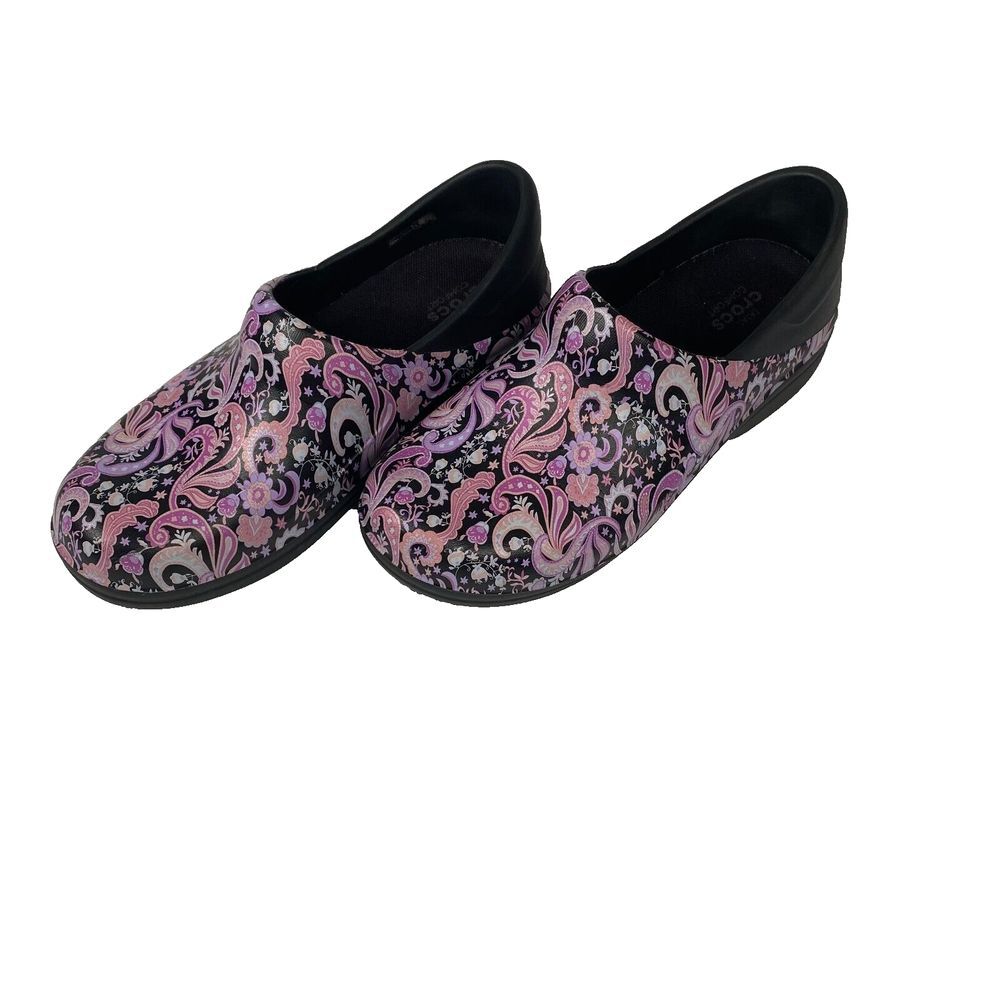 Crocs Womens Sz 6 Duel Comfort At Work Neria Pro II Graphic‎ Pink Paisley Clogs